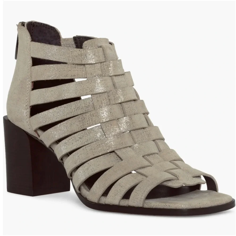 Donald Pliner Size 7.5 Pixee Metallic Suede Heel Sandals NEW Gladiator Cage $149